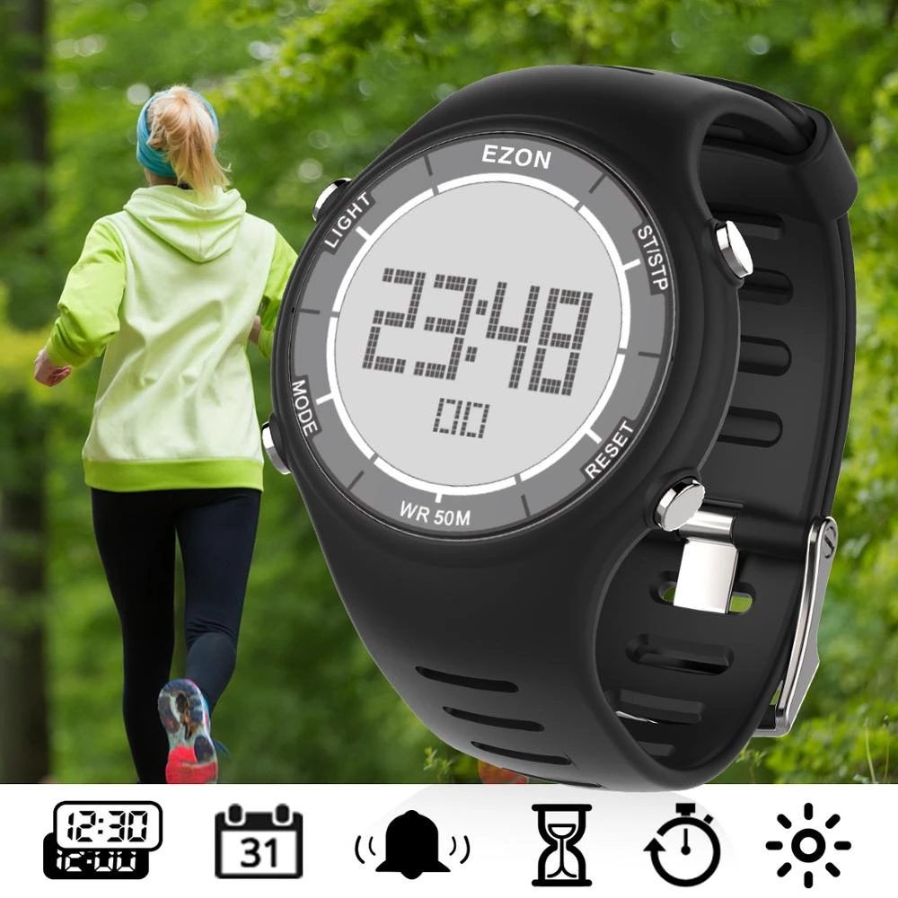 Digital Timer Countdown - EZON ใหม่แฟชั่นผู้หญิงนาฬิกาสปอร์ตดิจิตอลสําหรับวิ่งกลางแจ้งพร้อมนาฬิกาปลุกนาฬิกาจับเวลานับถอยหลังกันน้ํา 50 M L008