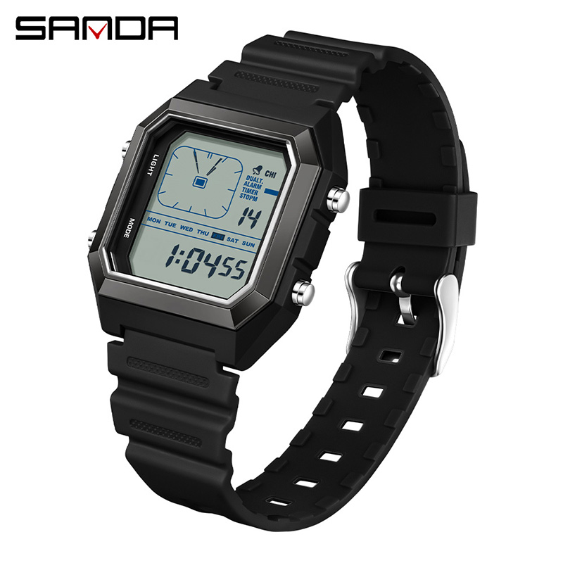 Digital Timer Countdown - SANDA 6307 ใหม่ผู้ชายดิจิตอลมัลติฟังก์ชั่นไฟกลางคืนตัวจับเวลาปฏิทินกีฬากลางแจ้งกันน้ำนักเรียนนาฬิกาอิเล็กทรอนิกส์รีโลจ